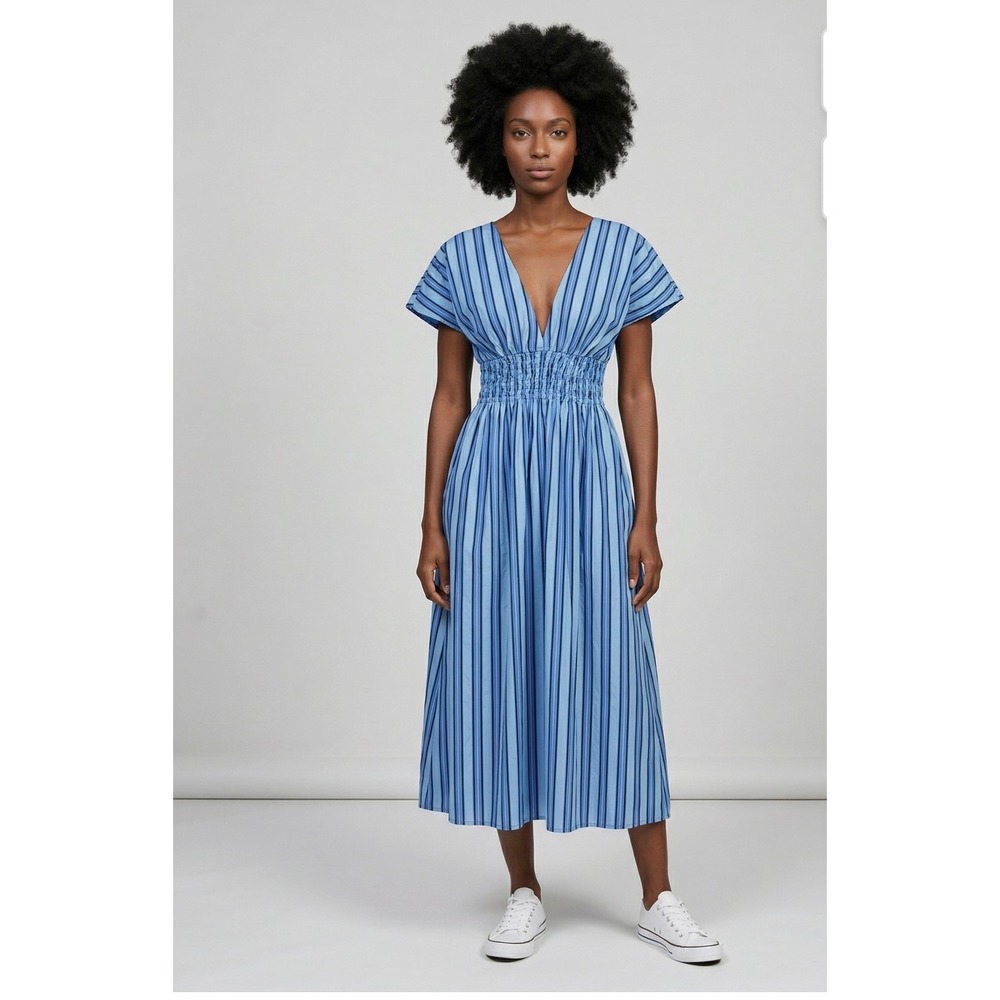 Faithfull The Brand Agnes Midi Dress Blue Striped Smocked Waist Organic Cotton